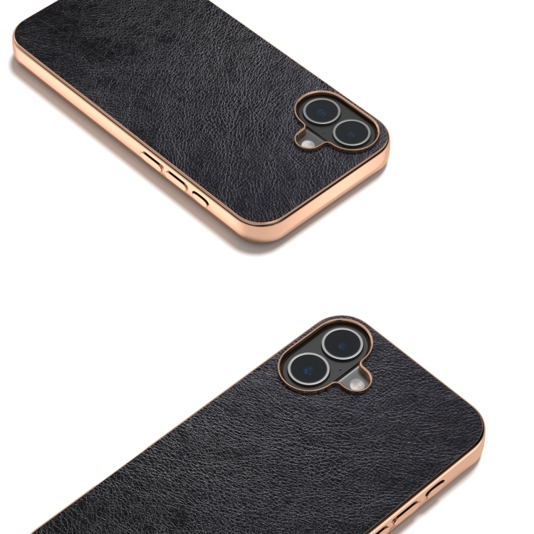 For iPhone 16 Nano Electroplating Dual Color Lichi Texture PU Phone Case(Black) For iPhone 16 Nano Electroplating Dual Color Lichi Texture PU Phone Case(Black)