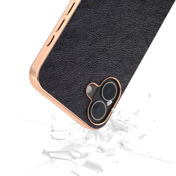 For iPhone 16 Nano Electroplating Dual Color Lichi Texture PU Phone Case(Black) For iPhone 16 Nano Electroplating Dual Color Lichi Texture PU Phone Case(Black)