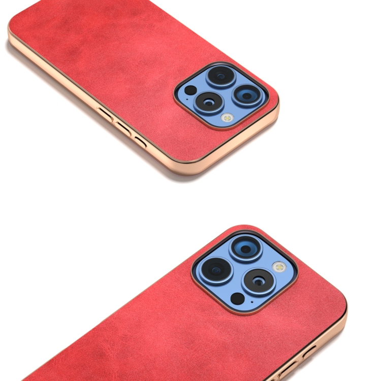 For iPhone 16 Pro Max Nano Electroplating Dual Color Cowhide Texture Protective Phone Case(Red) For iPhone 16 Pro Max Nano Electroplating Dual Color Cowhide Texture Protective Phone Case(Red)