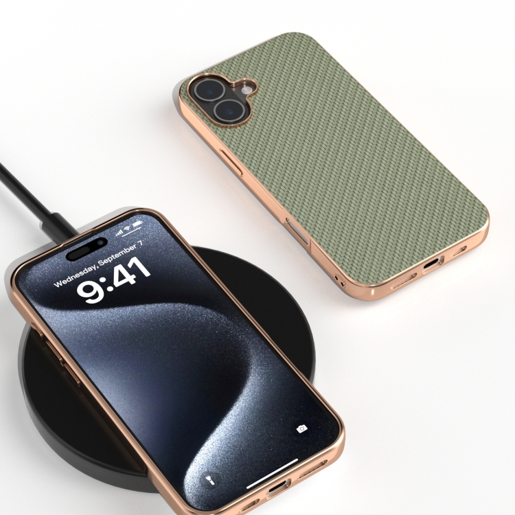 For iPhone 16 Nano Electroplating Carbon Fiber Texture Phone Case(Green) For iPhone 16 Nano Electroplating Carbon Fiber Texture Phone Case(Green)