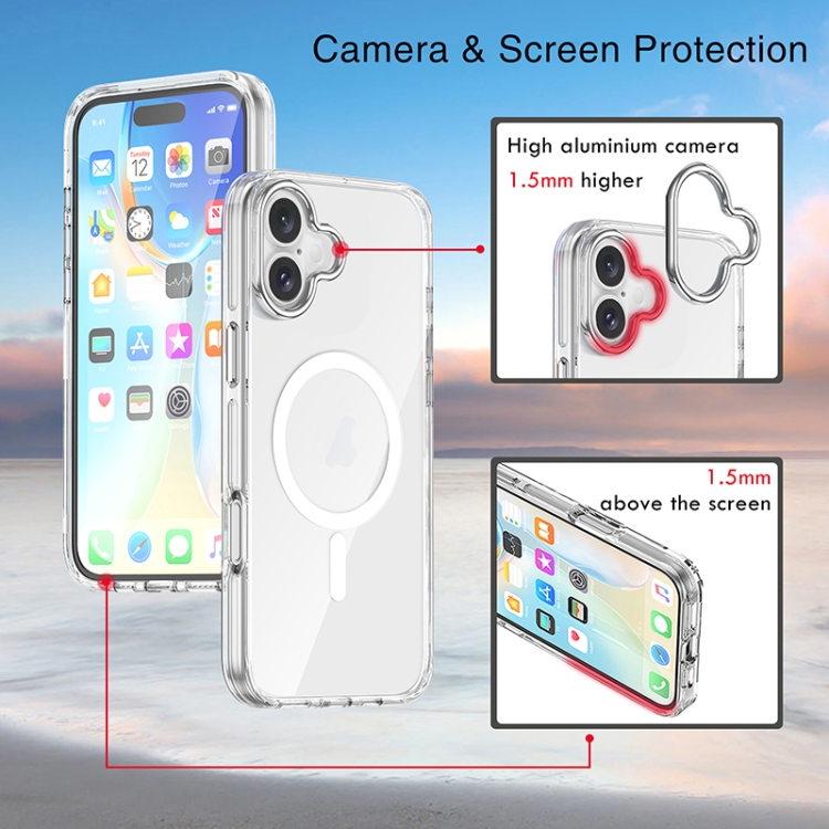 For iPhone 16 Metal Buttons MagSafe Magnetic PC Hybrid TPU Phone Case(Transparent) For iPhone 16 Metal Buttons MagSafe Magnetic PC Hybrid TPU Phone Case(Transparent)
