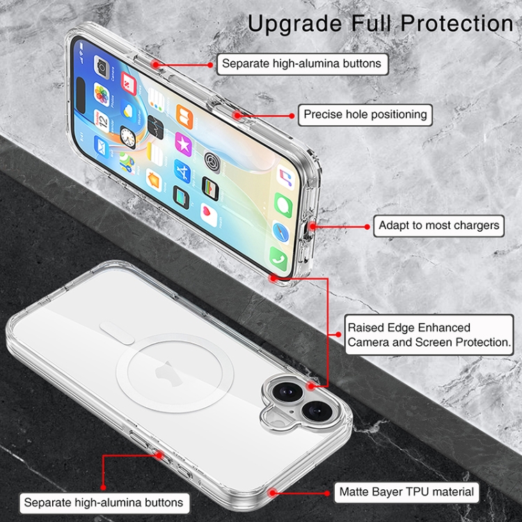 For iPhone 16 Metal Buttons MagSafe Magnetic PC Hybrid TPU Phone Case(Transparent) For iPhone 16 Metal Buttons MagSafe Magnetic PC Hybrid TPU Phone Case(Transparent)