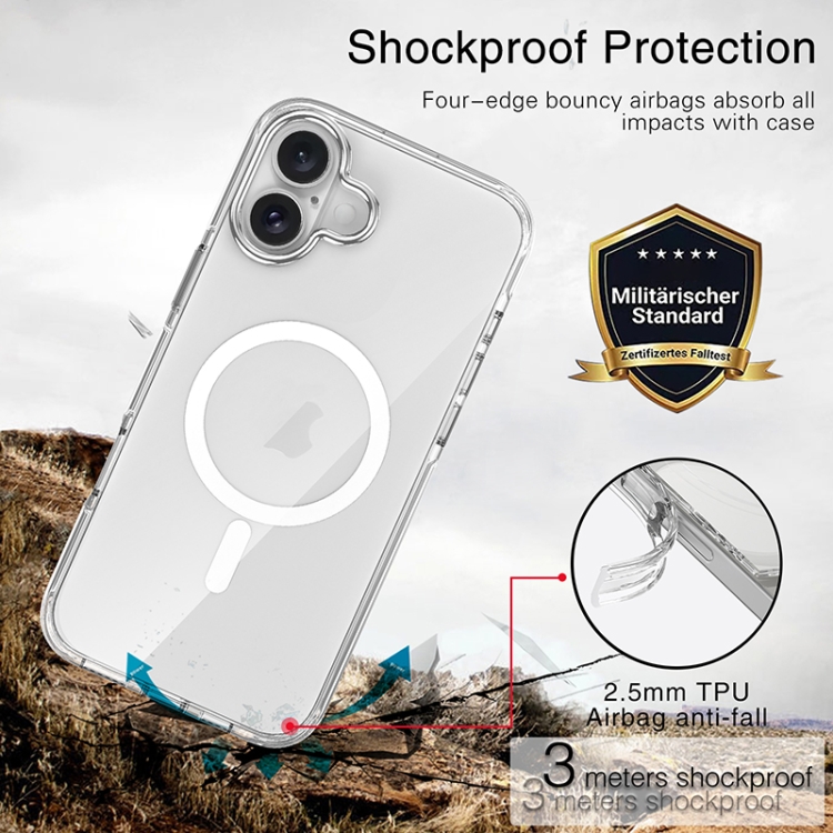 For iPhone 16 Metal Buttons MagSafe Magnetic PC Hybrid TPU Phone Case(Transparent) For iPhone 16 Metal Buttons MagSafe Magnetic PC Hybrid TPU Phone Case(Transparent)