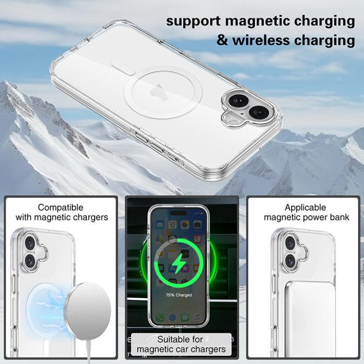 For iPhone 16 Metal Buttons MagSafe Magnetic PC Hybrid TPU Phone Case(Transparent) For iPhone 16 Metal Buttons MagSafe Magnetic PC Hybrid TPU Phone Case(Transparent)