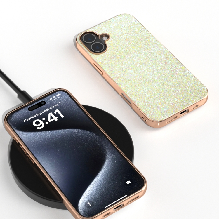 For iPhone 16 Plus Electroplating Frame Colorful Glitter Phone Case(Gold) For iPhone 16 Plus Electroplating Frame Colorful Glitter Phone Case(Gold)