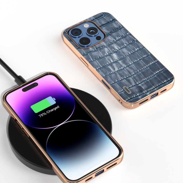 For iPhone 16 Pro ABEEL Electroplating Frame Crocodile Texture Genuine Leather Phone Case(Blue) For iPhone 16 Pro ABEEL Electroplating Frame Crocodile Texture Genuine Leather Phone Case(Blue)