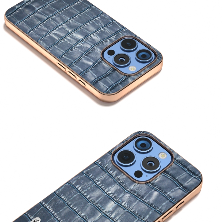 For iPhone 16 Pro ABEEL Electroplating Frame Crocodile Texture Genuine Leather Phone Case(Blue) For iPhone 16 Pro ABEEL Electroplating Frame Crocodile Texture Genuine Leather Phone Case(Blue)