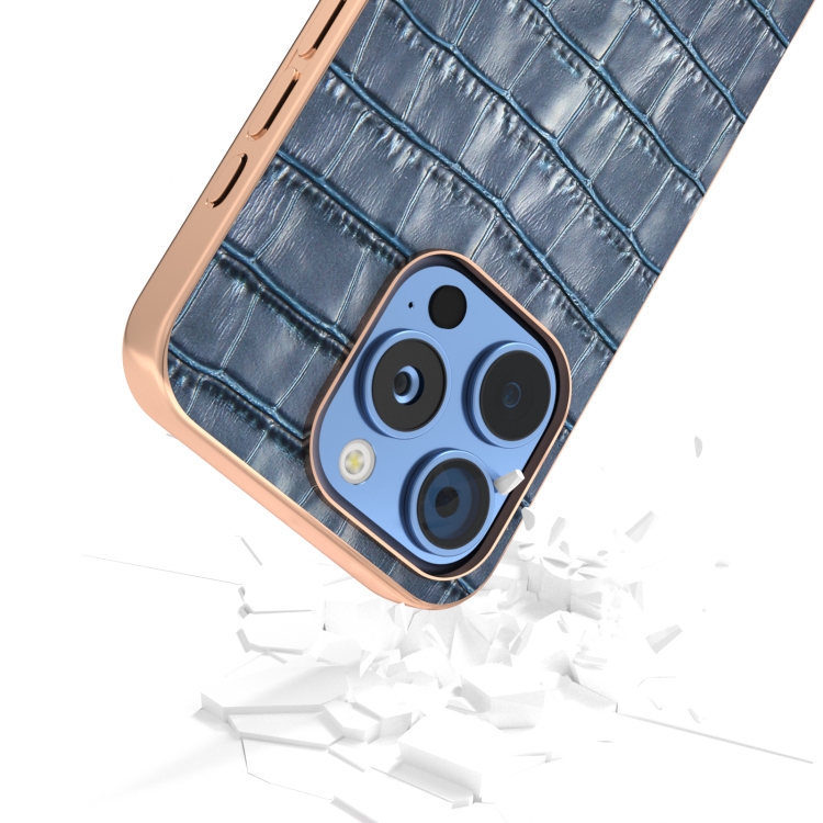 For iPhone 16 Pro ABEEL Electroplating Frame Crocodile Texture Genuine Leather Phone Case(Blue) For iPhone 16 Pro ABEEL Electroplating Frame Crocodile Texture Genuine Leather Phone Case(Blue)