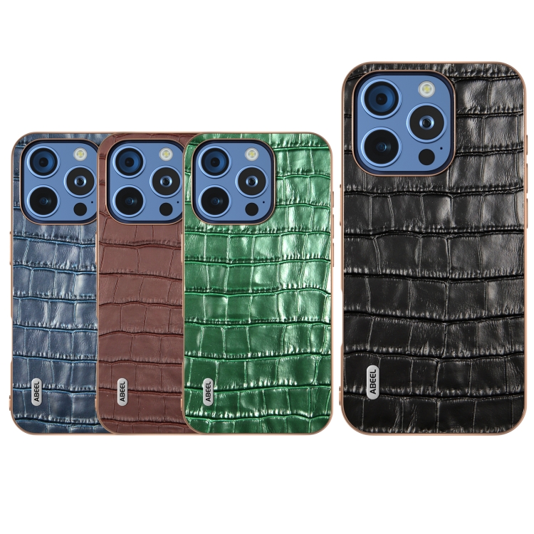 For iPhone 16 Pro ABEEL Electroplating Frame Crocodile Texture Genuine Leather Phone Case(Blue) For iPhone 16 Pro ABEEL Electroplating Frame Crocodile Texture Genuine Leather Phone Case(Blue)