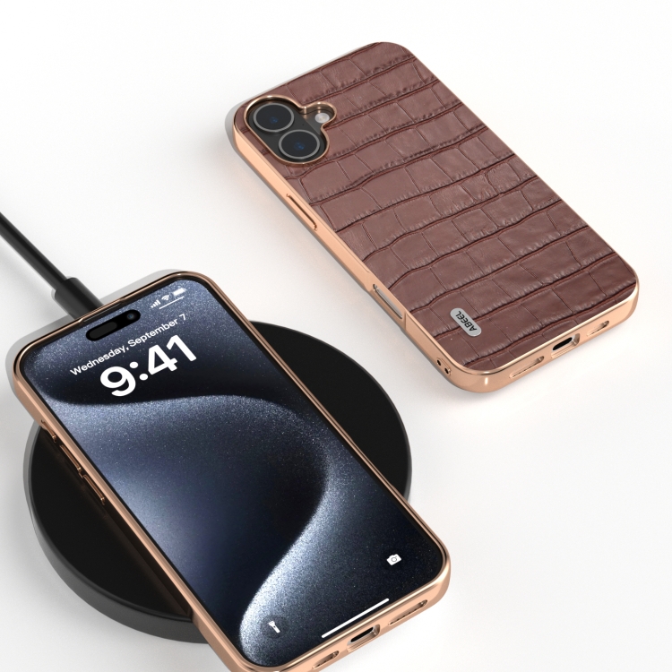 For iPhone 16 ABEEL Electroplating Frame Crocodile Texture Genuine Leather Phone Case(Brown) For iPhone 16 ABEEL Electroplating Frame Crocodile Texture Genuine Leather Phone Case(Brown)