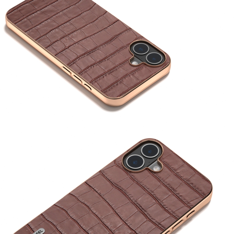 For iPhone 16 ABEEL Electroplating Frame Crocodile Texture Genuine Leather Phone Case(Brown) For iPhone 16 ABEEL Electroplating Frame Crocodile Texture Genuine Leather Phone Case(Brown)