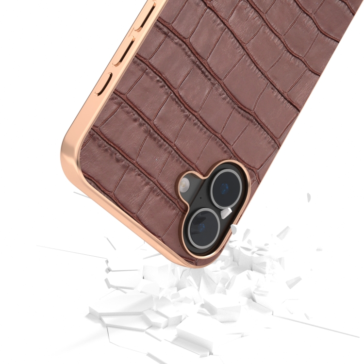 For iPhone 16 ABEEL Electroplating Frame Crocodile Texture Genuine Leather Phone Case(Brown) For iPhone 16 ABEEL Electroplating Frame Crocodile Texture Genuine Leather Phone Case(Brown)