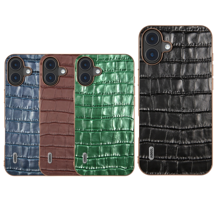 For iPhone 16 ABEEL Electroplating Frame Crocodile Texture Genuine Leather Phone Case(Brown) For iPhone 16 ABEEL Electroplating Frame Crocodile Texture Genuine Leather Phone Case(Brown)