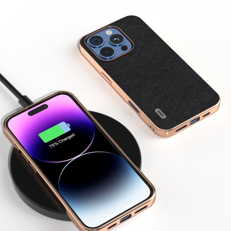 For iPhone 16 Pro Max ABEEL Electroplating Frame Cross Texture Genuine Leather Phone Case(Black) For iPhone 16 Pro Max ABEEL Electroplating Frame Cross Texture Genuine Leather Phone Case(Black)