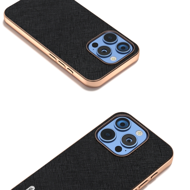 For iPhone 16 Pro Max ABEEL Electroplating Frame Cross Texture Genuine Leather Phone Case(Black) For iPhone 16 Pro Max ABEEL Electroplating Frame Cross Texture Genuine Leather Phone Case(Black)