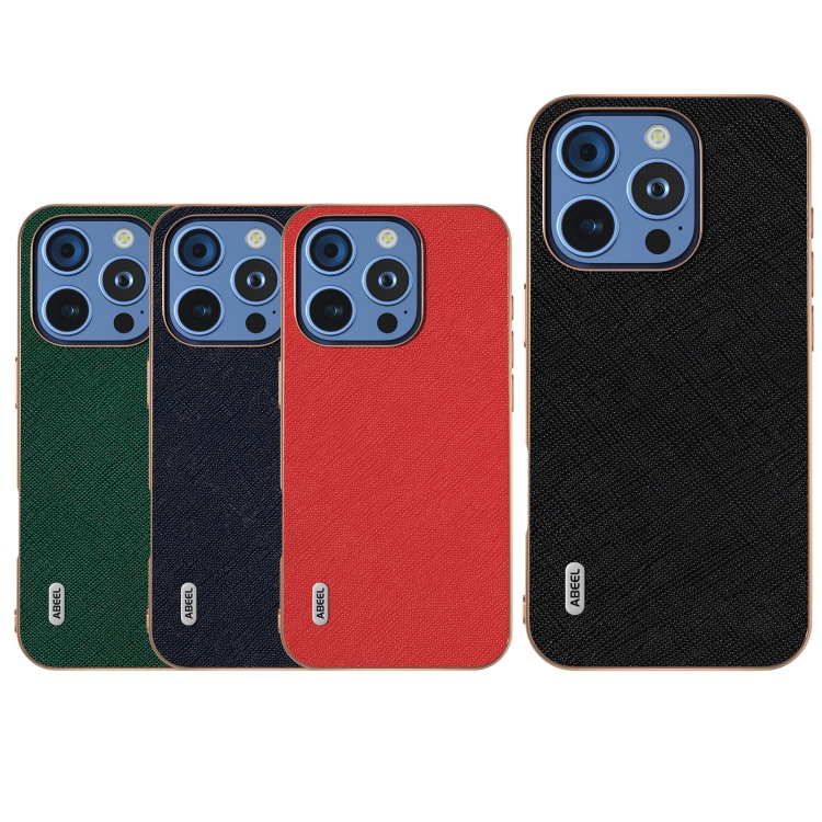 For iPhone 16 Pro Max ABEEL Electroplating Frame Cross Texture Genuine Leather Phone Case(Black) For iPhone 16 Pro Max ABEEL Electroplating Frame Cross Texture Genuine Leather Phone Case(Black)