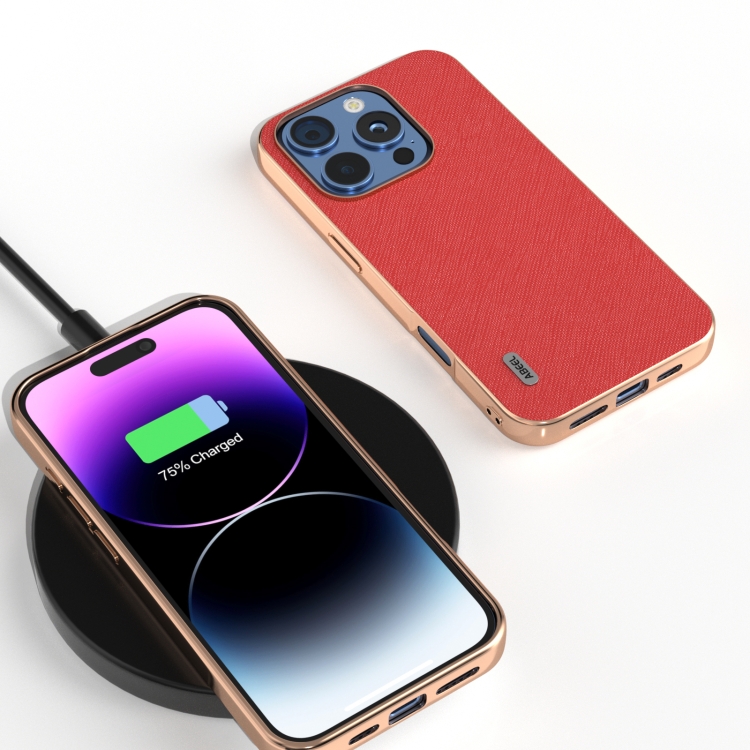 For iPhone 16 Pro ABEEL Electroplating Frame Cross Texture Genuine Leather Phone Case(Red) For iPhone 16 Pro ABEEL Electroplating Frame Cross Texture Genuine Leather Phone Case(Red)