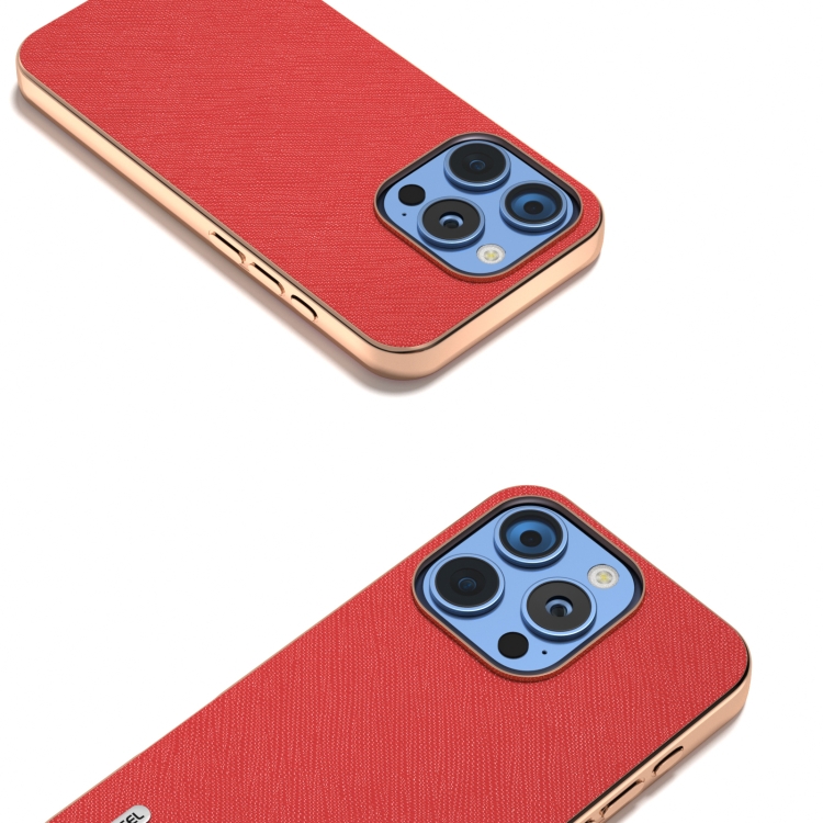 For iPhone 16 Pro ABEEL Electroplating Frame Cross Texture Genuine Leather Phone Case(Red) For iPhone 16 Pro ABEEL Electroplating Frame Cross Texture Genuine Leather Phone Case(Red)
