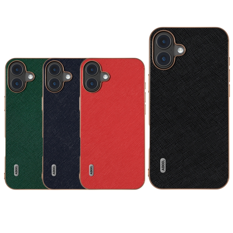 For iPhone 16 Plus ABEEL Electroplating Frame Cross Texture Genuine Leather Phone Case(Red) For iPhone 16 Plus ABEEL Electroplating Frame Cross Texture Genuine Leather Phone Case(Red)