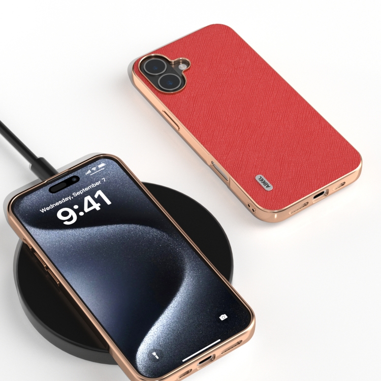 For iPhone 16 ABEEL Electroplating Frame Cross Texture Genuine Leather Phone Case(Red) For iPhone 16 ABEEL Electroplating Frame Cross Texture Genuine Leather Phone Case(Red)