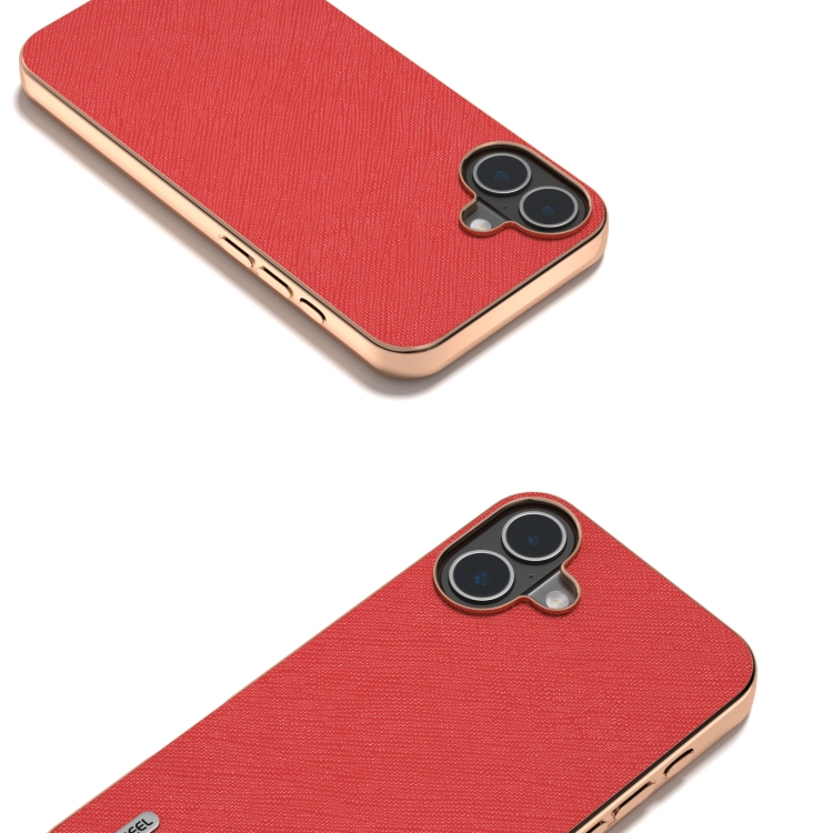For iPhone 16 ABEEL Electroplating Frame Cross Texture Genuine Leather Phone Case(Red) For iPhone 16 ABEEL Electroplating Frame Cross Texture Genuine Leather Phone Case(Red)