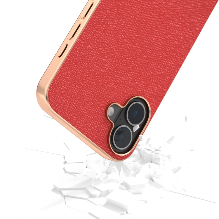 For iPhone 16 ABEEL Electroplating Frame Cross Texture Genuine Leather Phone Case(Red) For iPhone 16 ABEEL Electroplating Frame Cross Texture Genuine Leather Phone Case(Red)
