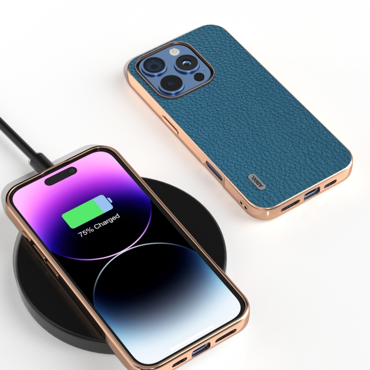 For iPhone 16 Pro ABEEL Electroplating Frame Genuine Leather Litchi Texture Phone Case(Blue) For iPhone 16 Pro ABEEL Electroplating Frame Genuine Leather Litchi Texture Phone Case(Blue)