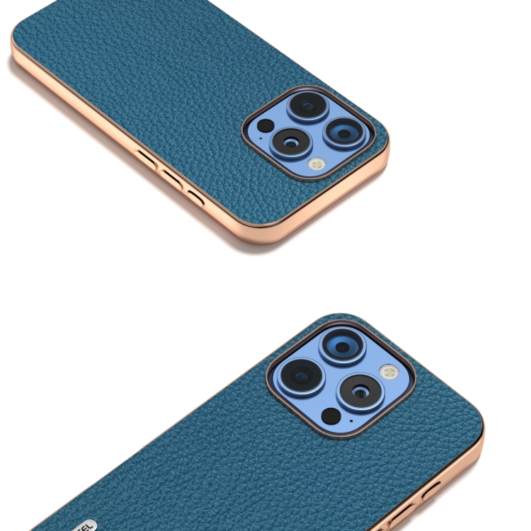 For iPhone 16 Pro ABEEL Electroplating Frame Genuine Leather Litchi Texture Phone Case(Blue) For iPhone 16 Pro ABEEL Electroplating Frame Genuine Leather Litchi Texture Phone Case(Blue)