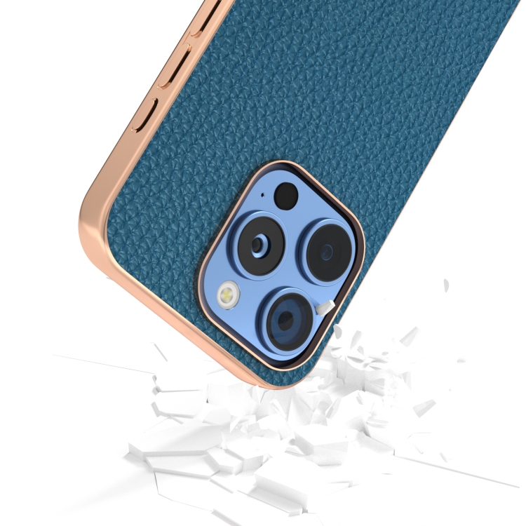 For iPhone 16 Pro ABEEL Electroplating Frame Genuine Leather Litchi Texture Phone Case(Blue) For iPhone 16 Pro ABEEL Electroplating Frame Genuine Leather Litchi Texture Phone Case(Blue)