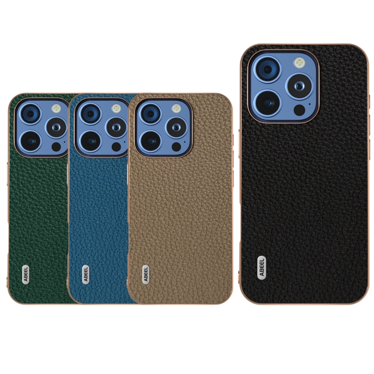 For iPhone 16 Pro ABEEL Electroplating Frame Genuine Leather Litchi Texture Phone Case(Blue) For iPhone 16 Pro ABEEL Electroplating Frame Genuine Leather Litchi Texture Phone Case(Blue)