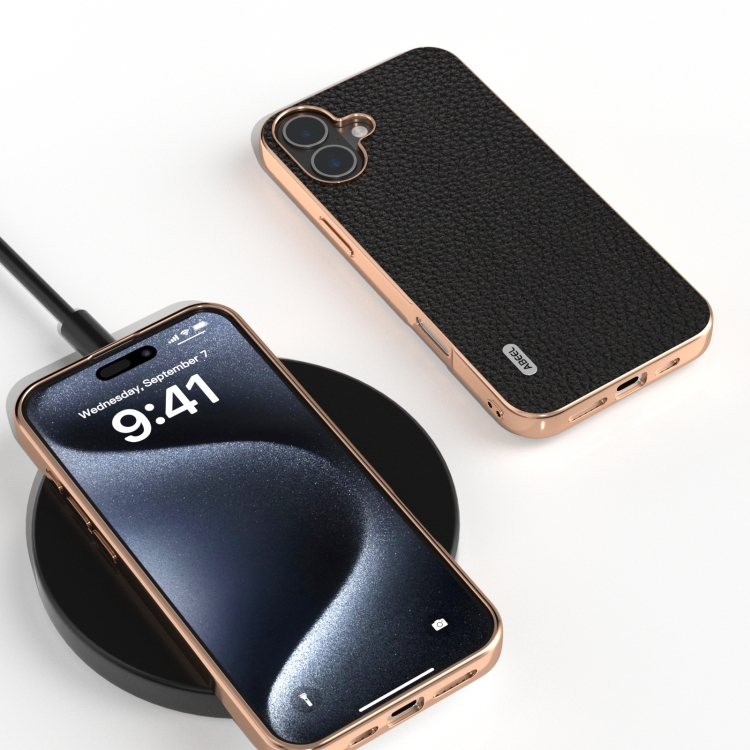 For iPhone 16 Plus ABEEL Electroplating Frame Genuine Leather Litchi Texture Phone Case(Black) For iPhone 16 Plus ABEEL Electroplating Frame Genuine Leather Litchi Texture Phone Case(Black)