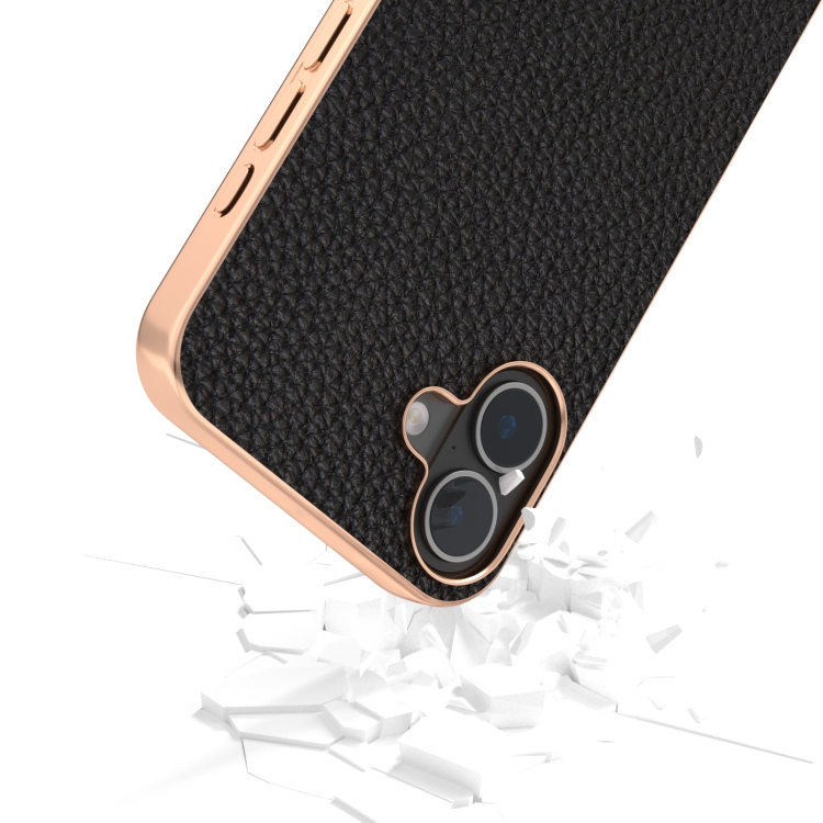 For iPhone 16 Plus ABEEL Electroplating Frame Genuine Leather Litchi Texture Phone Case(Black) For iPhone 16 Plus ABEEL Electroplating Frame Genuine Leather Litchi Texture Phone Case(Black)
