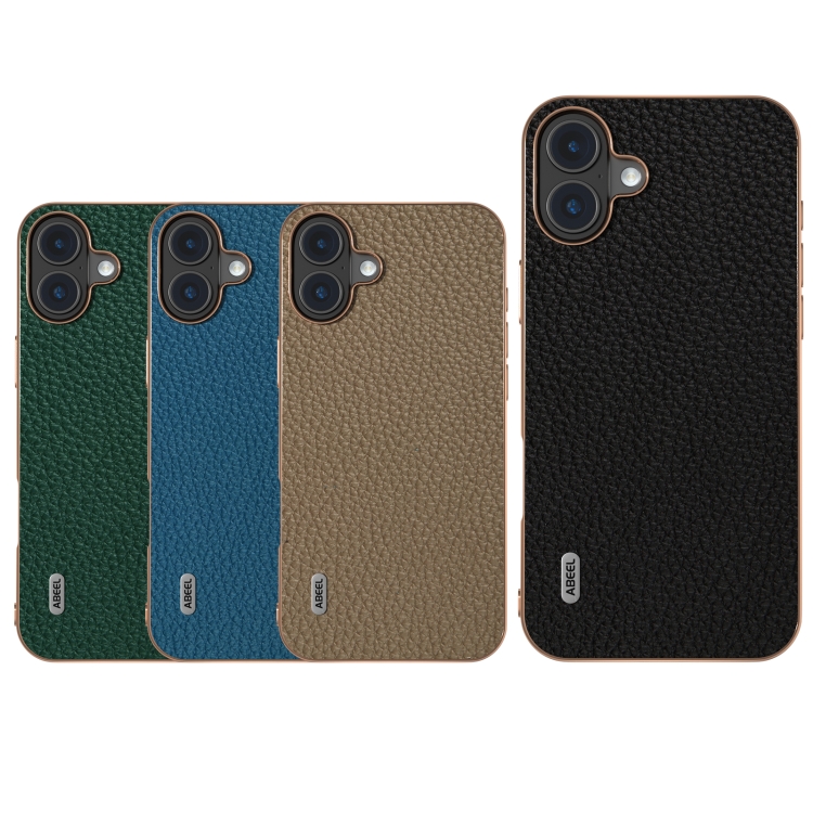 For iPhone 16 Plus ABEEL Electroplating Frame Genuine Leather Litchi Texture Phone Case(Black) For iPhone 16 Plus ABEEL Electroplating Frame Genuine Leather Litchi Texture Phone Case(Black)