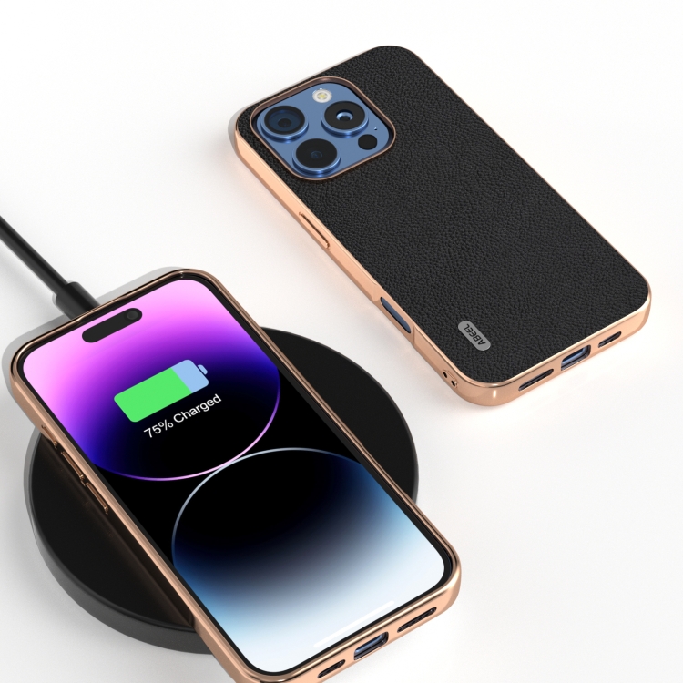 For iPhone 16 Pro Max ABEEL Electroplating Frame Genuine Leather + PC Litchi Texture Phone Case(Black) For iPhone 16 Pro Max ABEEL Electroplating Frame Genuine Leather + PC Litchi Texture Phone Case(Black)