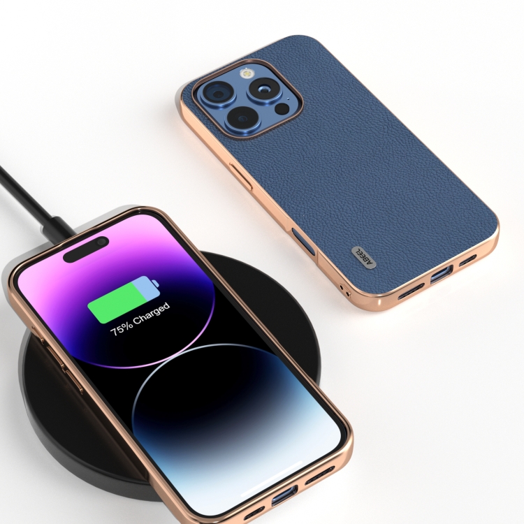 For iPhone 16 Pro ABEEL Electroplating Frame Genuine Leather + PC Litchi Texture Phone Case(Blue) For iPhone 16 Pro ABEEL Electroplating Frame Genuine Leather + PC Litchi Texture Phone Case(Blue)