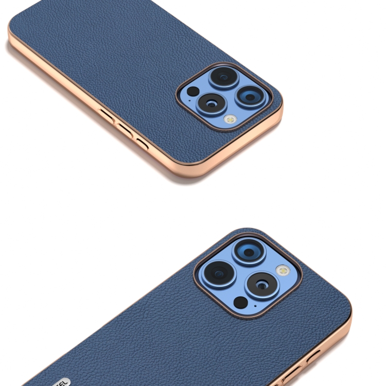 For iPhone 16 Pro ABEEL Electroplating Frame Genuine Leather + PC Litchi Texture Phone Case(Blue) For iPhone 16 Pro ABEEL Electroplating Frame Genuine Leather + PC Litchi Texture Phone Case(Blue)