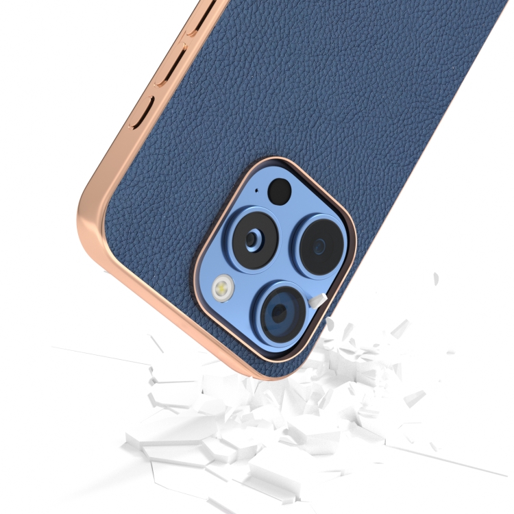 For iPhone 16 Pro ABEEL Electroplating Frame Genuine Leather + PC Litchi Texture Phone Case(Blue) For iPhone 16 Pro ABEEL Electroplating Frame Genuine Leather + PC Litchi Texture Phone Case(Blue)