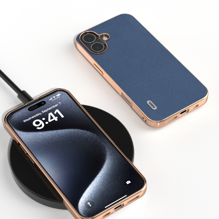 For iPhone 16 Plus ABEEL Electroplating Frame Genuine Leather + PC Litchi Texture Phone Case(Blue) For iPhone 16 Plus ABEEL Electroplating Frame Genuine Leather + PC Litchi Texture Phone Case(Blue)