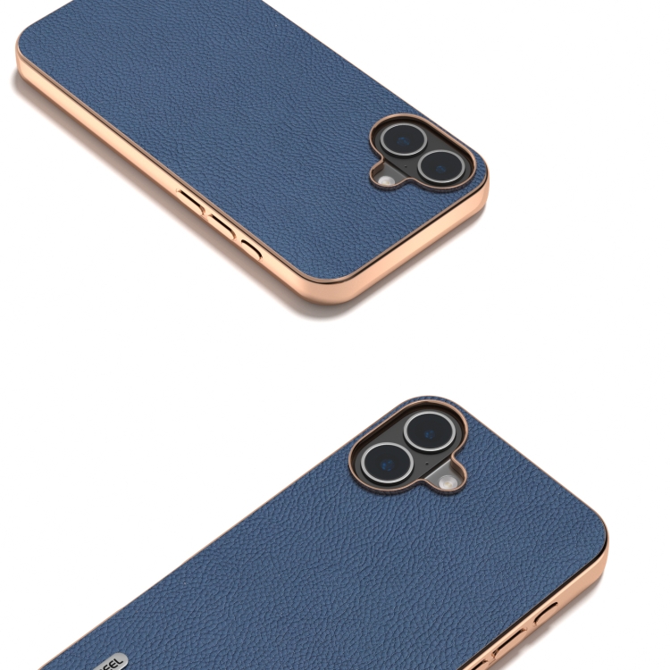 For iPhone 16 Plus ABEEL Electroplating Frame Genuine Leather + PC Litchi Texture Phone Case(Blue) For iPhone 16 Plus ABEEL Electroplating Frame Genuine Leather + PC Litchi Texture Phone Case(Blue)