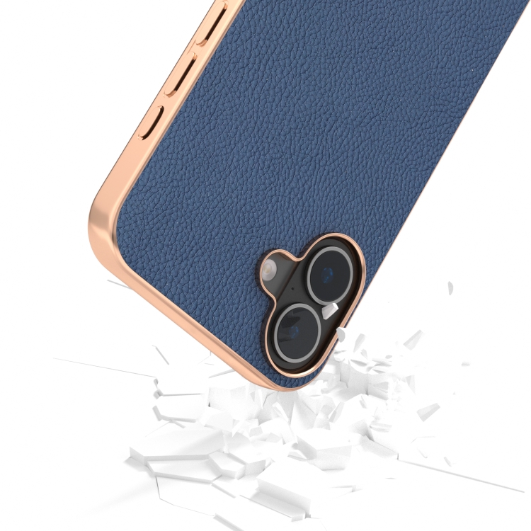 For iPhone 16 Plus ABEEL Electroplating Frame Genuine Leather + PC Litchi Texture Phone Case(Blue) For iPhone 16 Plus ABEEL Electroplating Frame Genuine Leather + PC Litchi Texture Phone Case(Blue)