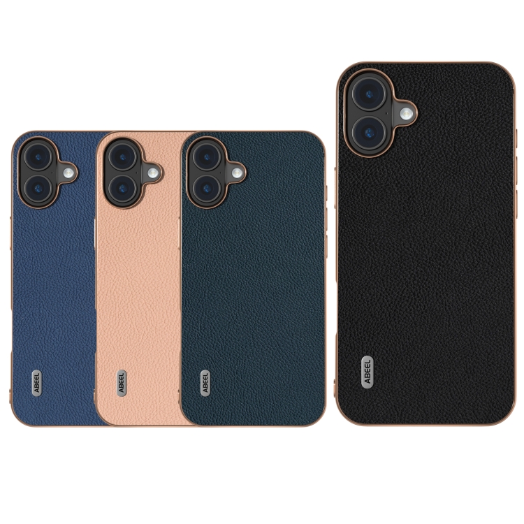 For iPhone 16 Plus ABEEL Electroplating Frame Genuine Leather + PC Litchi Texture Phone Case(Blue) For iPhone 16 Plus ABEEL Electroplating Frame Genuine Leather + PC Litchi Texture Phone Case(Blue)