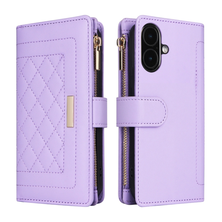 For iPhone 16 Plus Crossbody Zipper Wallet Rhombus Leather Phone Case(Purple) For iPhone 16 Plus Crossbody Zipper Wallet Rhombus Leather Phone Case(Purple)