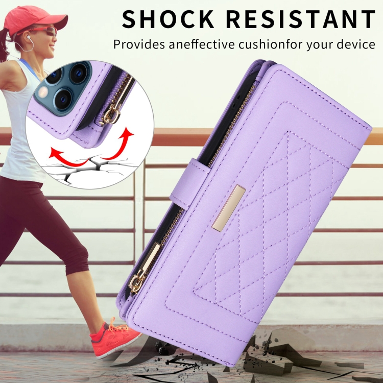 For iPhone 16 Plus Crossbody Zipper Wallet Rhombus Leather Phone Case(Purple) For iPhone 16 Plus Crossbody Zipper Wallet Rhombus Leather Phone Case(Purple)