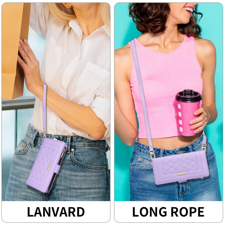 For iPhone 16 Plus Crossbody Zipper Wallet Rhombus Leather Phone Case(Purple) For iPhone 16 Plus Crossbody Zipper Wallet Rhombus Leather Phone Case(Purple)