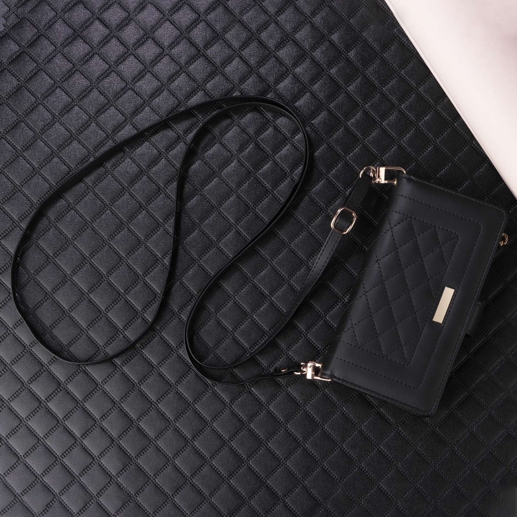 For iPhone 15 Plus / 14 Plus Crossbody Zipper Wallet Rhombus Leather Phone Case(Black)