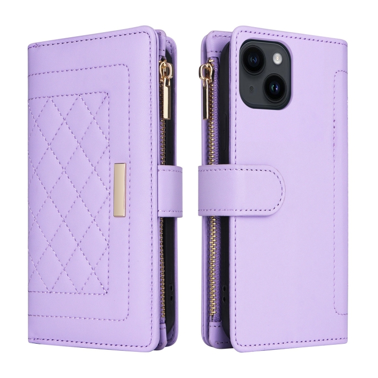 For iPhone 14 / 13 Crossbody Zipper Wallet Rhombus Leather Phone Case(Purple) - 2