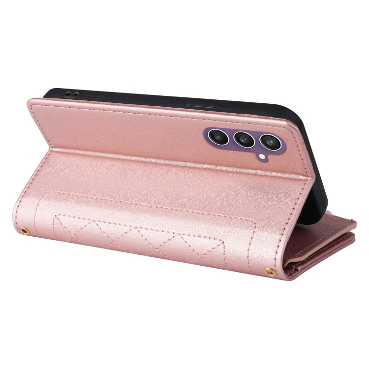 For Samsung Galaxy S24 FE 5G Crossbody Zipper Wallet Rhombus Leather Phone Case(Rose Gold) For Samsung Galaxy S24 FE 5G Crossbody Zipper Wallet Rhombus Leather Phone Case(Rose Gold)