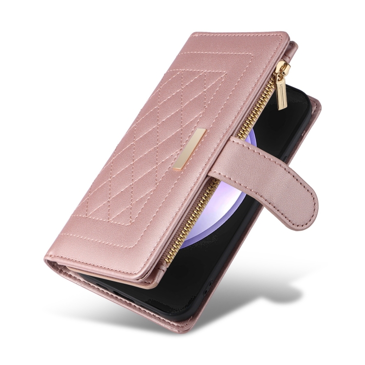 For Samsung Galaxy S24 FE 5G Crossbody Zipper Wallet Rhombus Leather Phone Case(Rose Gold) For Samsung Galaxy S24 FE 5G Crossbody Zipper Wallet Rhombus Leather Phone Case(Rose Gold)
