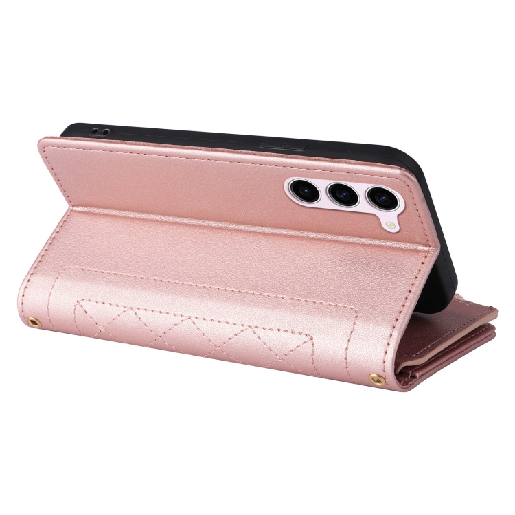 For Samsung Galaxy S23+ 5G Crossbody Zipper Wallet Rhombus Leather Phone Case(Rose Gold) For Samsung Galaxy S23+ 5G Crossbody Zipper Wallet Rhombus Leather Phone Case(Rose Gold)