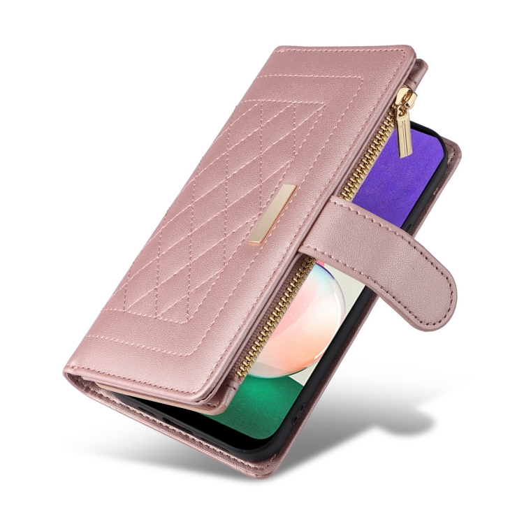 For Samsung Galaxy S22 5G Crossbody Zipper Wallet Rhombus Leather Phone Case(Rose Gold) For Samsung Galaxy S22 5G Crossbody Zipper Wallet Rhombus Leather Phone Case(Rose Gold)